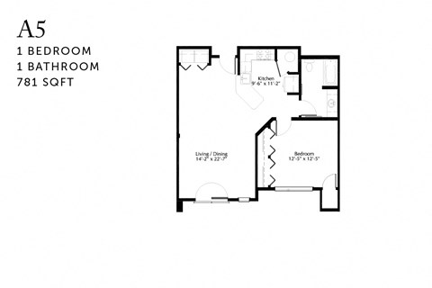 Floor plan for 1 bed, 1 bath, 781 sqft